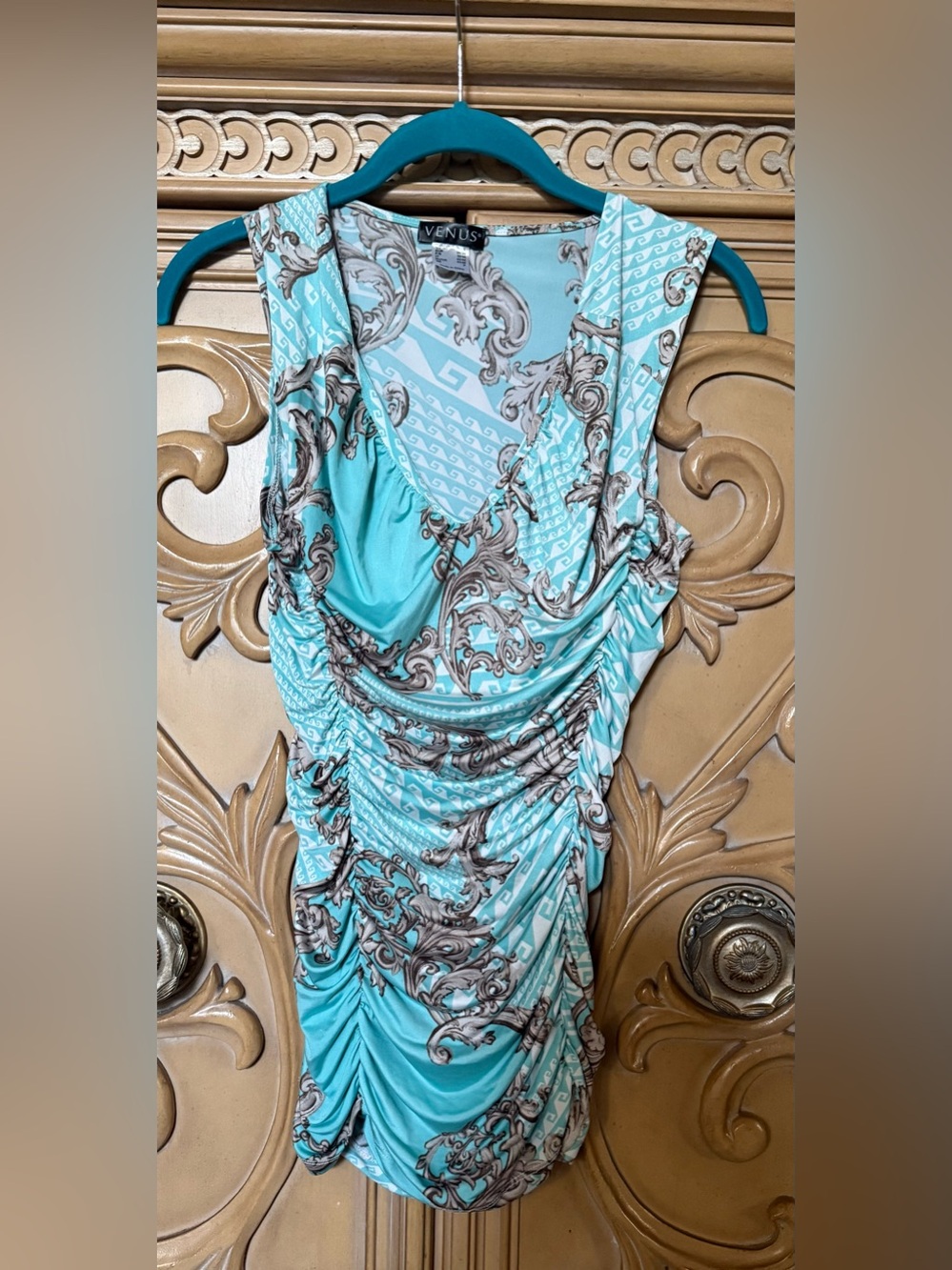 VENUS Aqua and Brown Ruched blouse guc size Small very stretchy